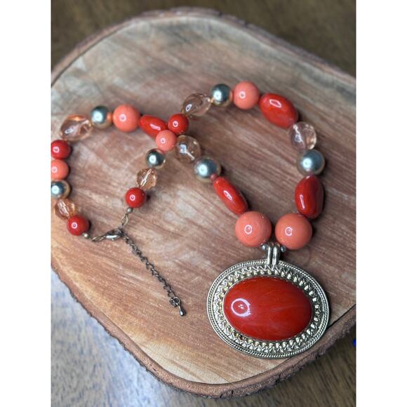 Coral Red, Orange, Peach, Plastic Pendant Gold toned on beaded necklace. - Picture 2 of 4